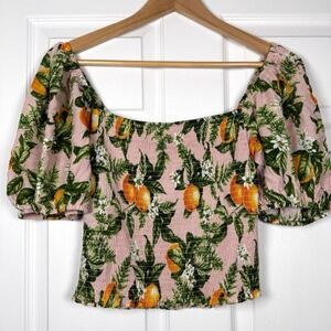 Luv Betsey Betsey Johnson Top Smocked Crop Off Shoulder Lemon Print Sz L
